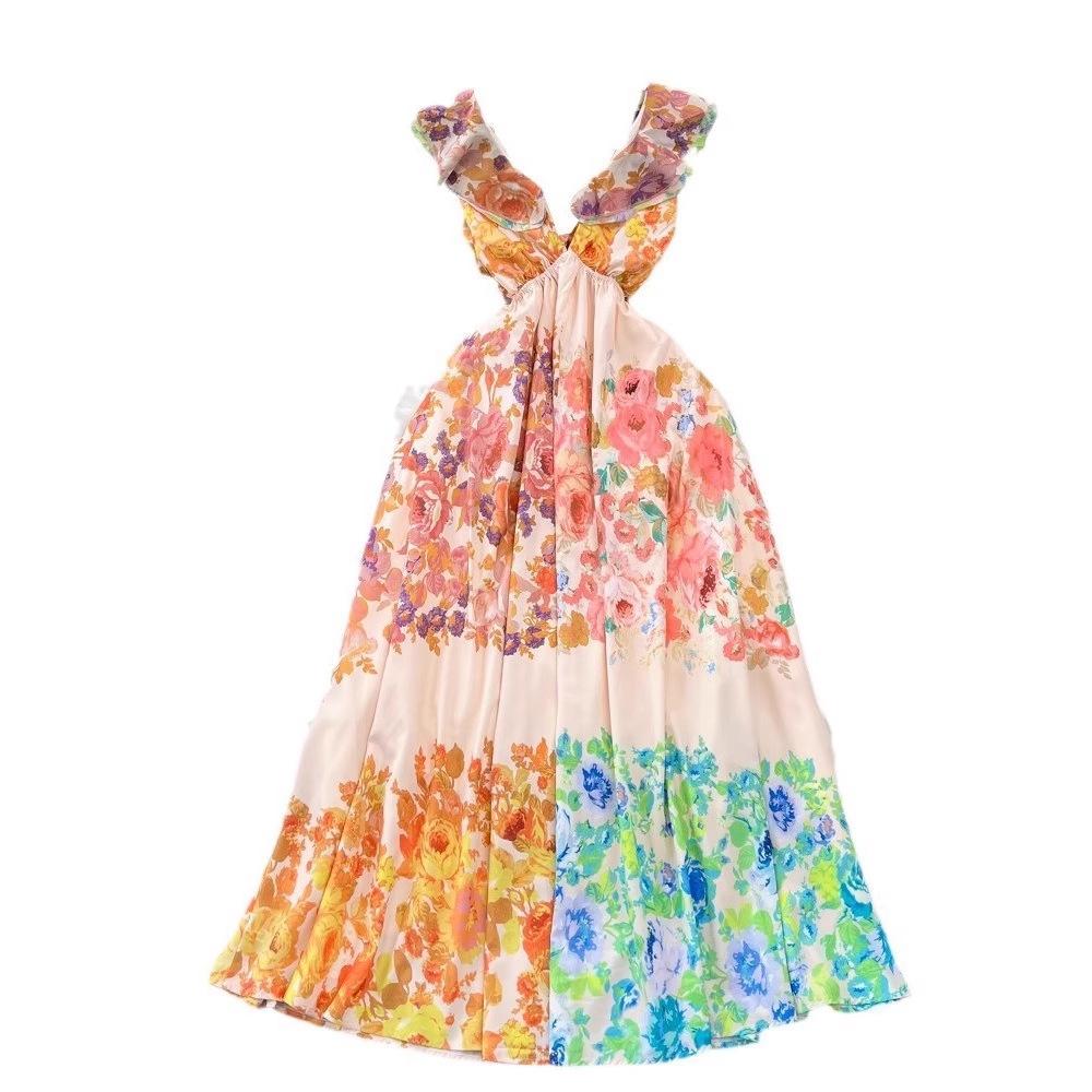 Fashion celebrity temperament flying sleeves V-neck waist thin medium and long A-word printed dress seaside vacation dress
