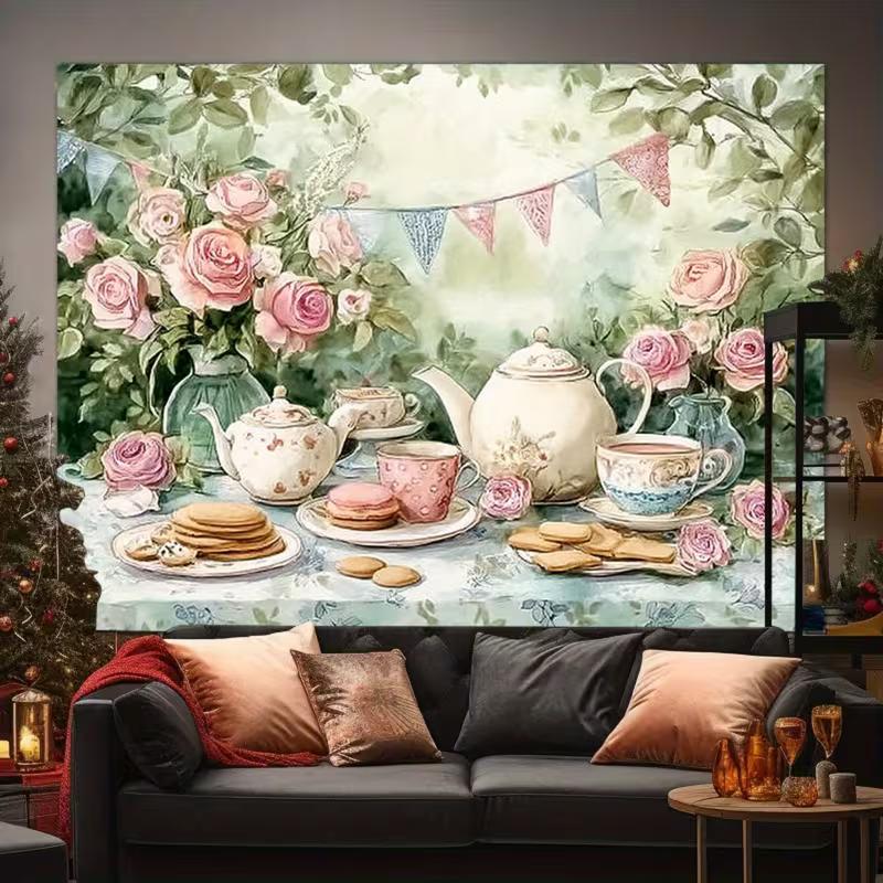 2D Printed Tea Party Backdrop Watercolor Floral Teapot Background Cloth