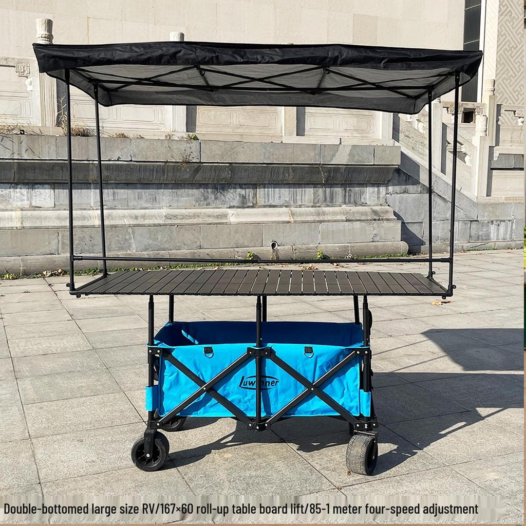 Adjustable Folding Handcart with Umbrella, Elevated Canopy & Table Top for Street Stalls or Camping.