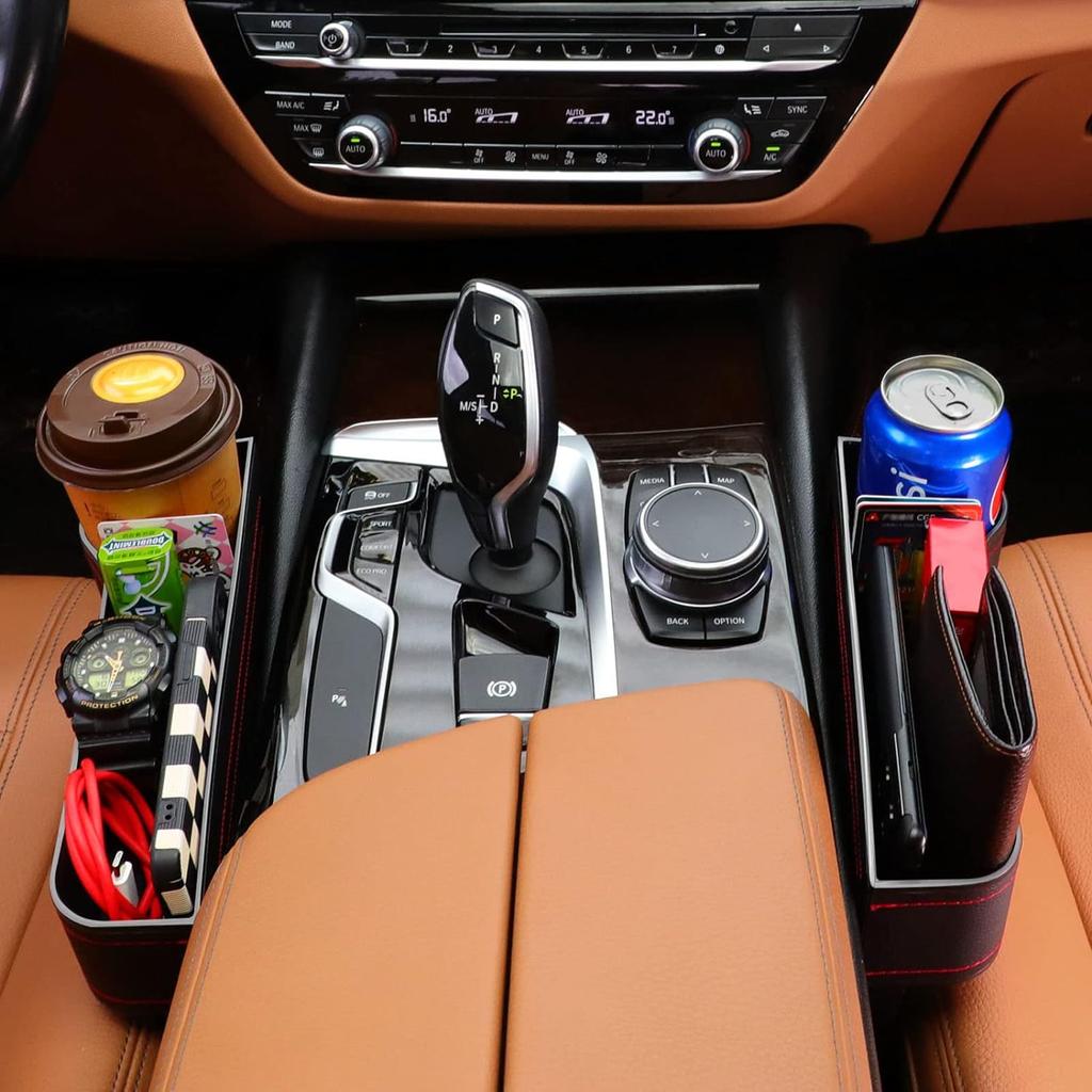 Car Seat Gap Filler Organizer, 2 Pack Multifunctional Car Seat Organizer, Auto Console Side Storage Box with Cup Holders 2 Seat Hooks for Drink, Car