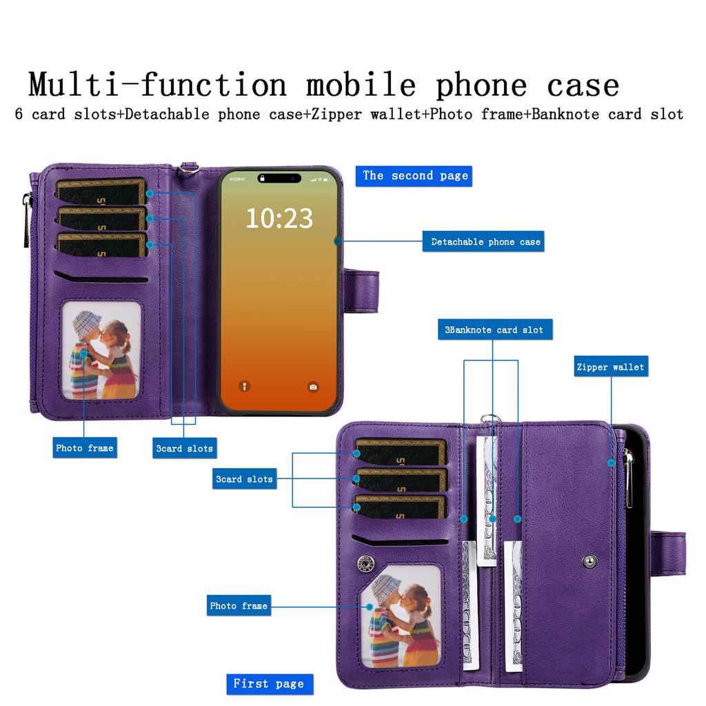 For iPhone 15 Pro Max Magnetic Leather Case Mobile Cover with Detachable Zipper Wallet Strap