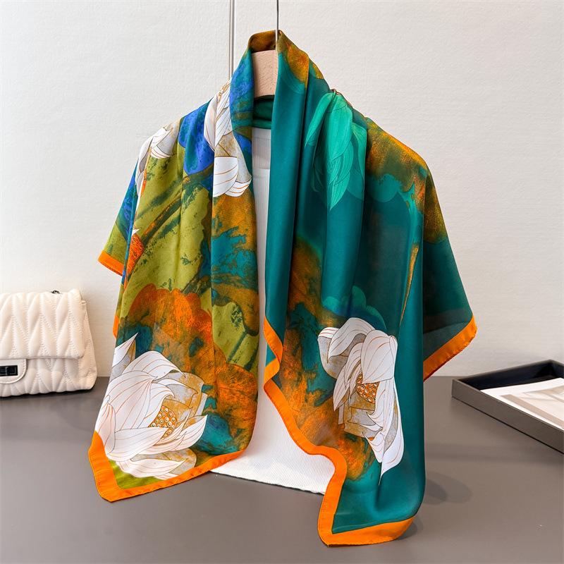 National Style Elegant Imitation Silk Printing Large Square Scarf Silk Scarf Shawl Headscarf Beach Scarf Neck Protection Scarf Neck Decoration Scarf