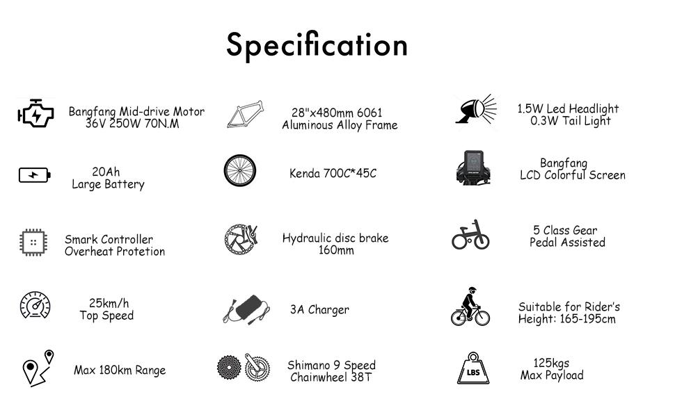 TTGO XK-ZZ-28ST Elektrische Fiets 250W Bafang Middenmotor 36V20AH Lithium Batterij Elektrische Fiets 28-inch Band Volwassen Stads Ebike