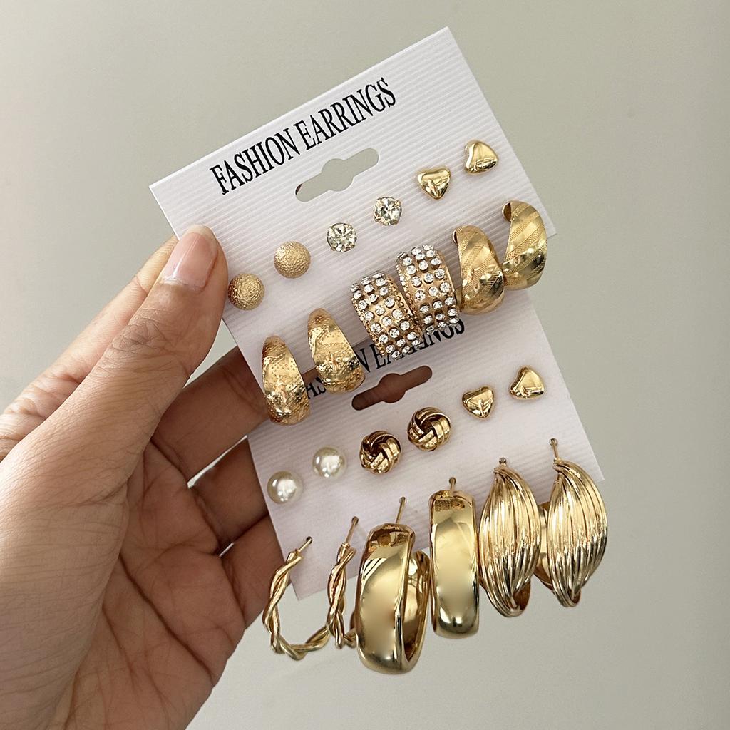 European and American metal earrings square geometric earrings retro pearl earrings ins wind earrings set