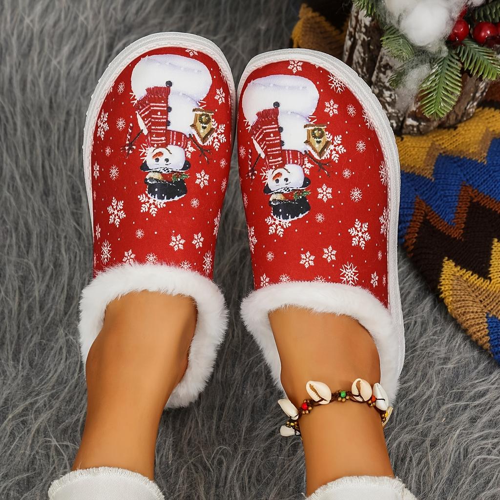 Women's Christmas Limited Edition Red Snowman & Snowflake Slip-On Loafers - Cozy Winter Fabric Slippers with Non-Slip Rubber Sole, Festive Holiday