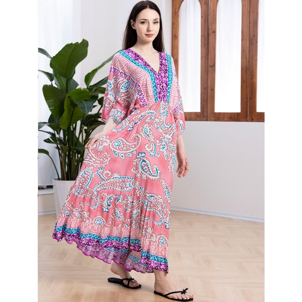 Plus Size Boho Kaftan Dress, Women's Plus Maxi Cover Up Dress