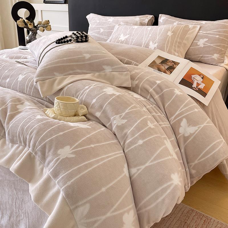 Thickened Milk Fleece Four-Piece Korean Carved Coral Fleece Double-Sided Flannel Quilt Cover Bed Sheet Bedding
