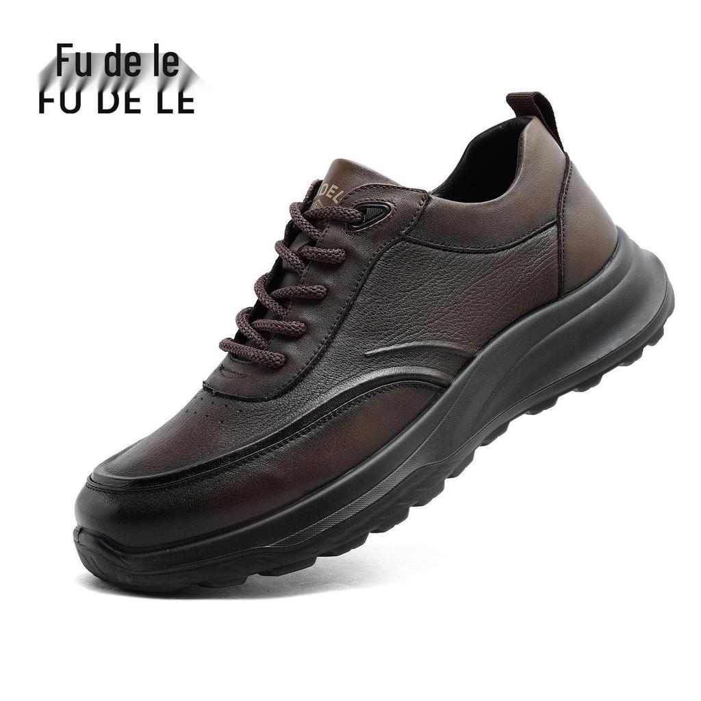 Fu De Le 2025 Men's Genuine Leather Non-Slip Dad Shoes - Soft Sole, Comfortable Cowhide Leather