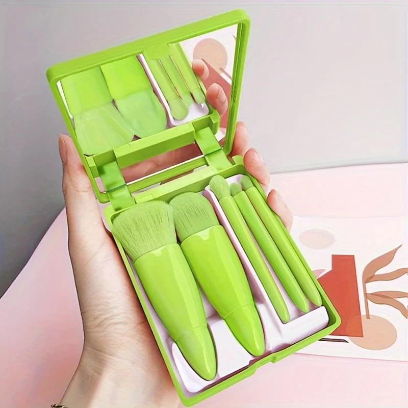 

5Pcs Portable Makeup Brush Set with Mirror -Foldable Travel Kit Mini Makeup Brush Set Multifunctional Travel Makeup Brush Set