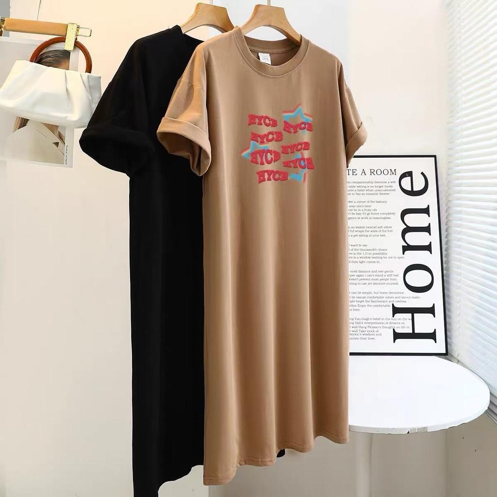 Nové těhotenské tričkové šaty s krátkým rukávem v korejském stylu na léto, volné dlouhé šaty ke kolenům a jednoduché a módní šaty