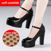 Γνήσια Δερμάτινα Παπούτσια Γυναικεία Στρογγυλή Μύτη Πλατφόρμα Γόβες Ψηλά Τακούνια Μόδα Μαύρο Γυναικείο Παπούτσι Εργασίας Πάρτι Παπούτσια Γάμου Μεγάλο Μέγεθος 3
