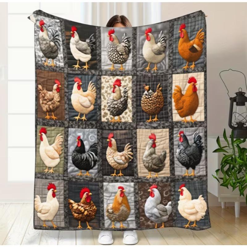 1pc This Colorful Plaid Farm Chicken Patchwork Flannel Blanket Features A Flock Of Multicolored Chickens And Floral Trim. Soft