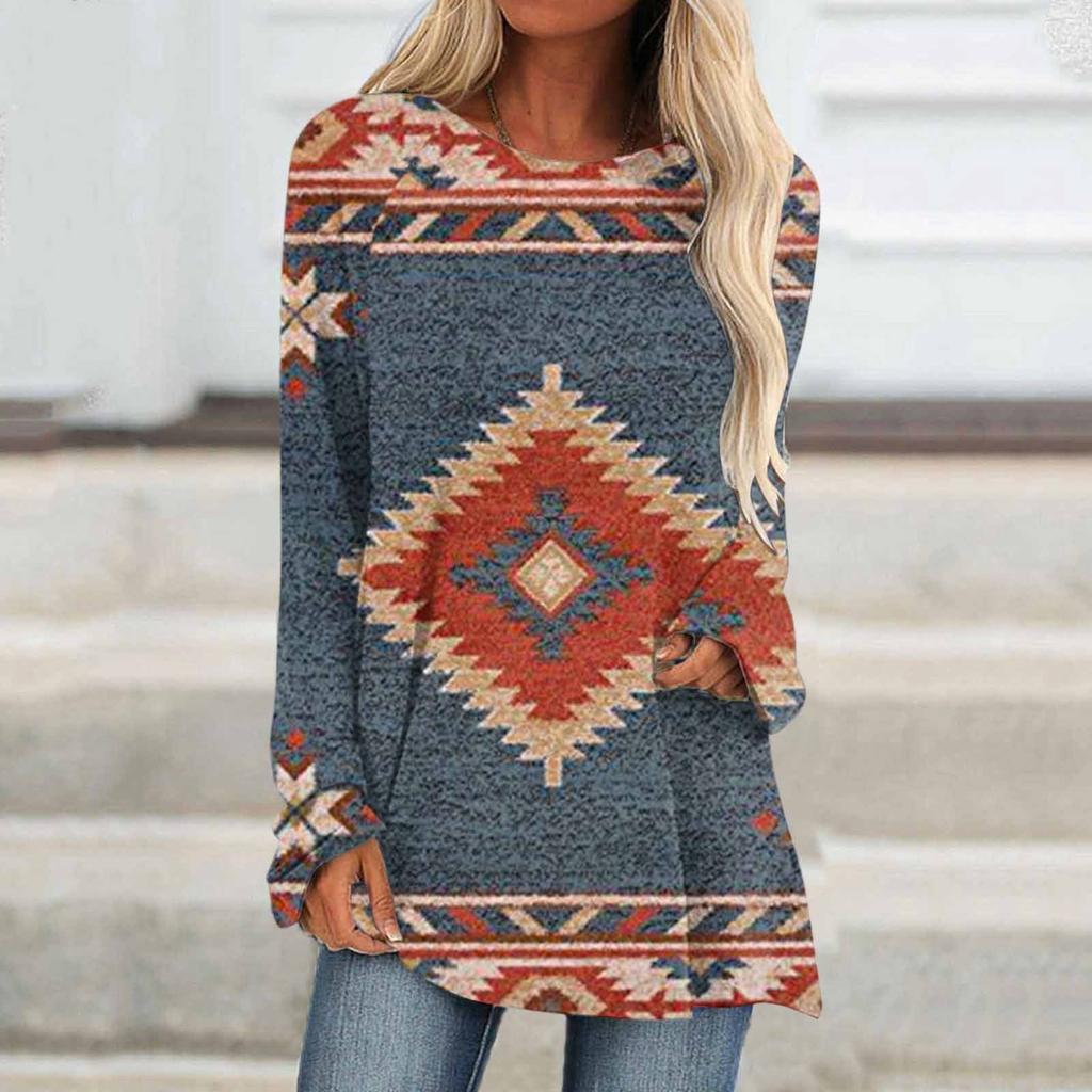 Ethnic tribe geometric print autumn casual comfortable women's long sleeve T-shirt Urban street trend fashion women long sleeve