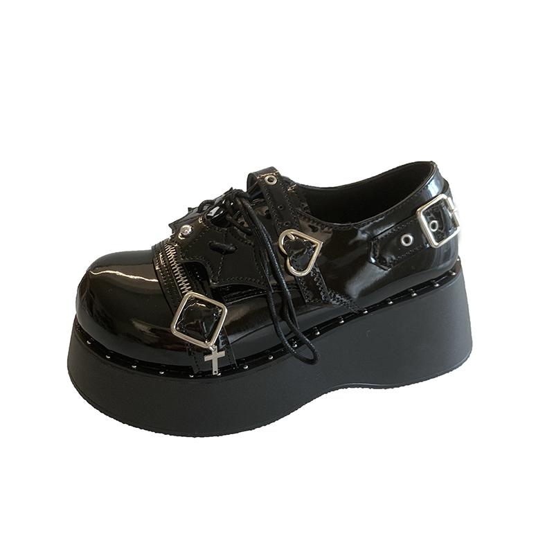 Fashion Punk Goth Chunky Platform Pumps Women 2025 Autumn Bowtie Wedges Mary Jane Lolita Shoes Woman Heart Ankle Buckle Black Shoes