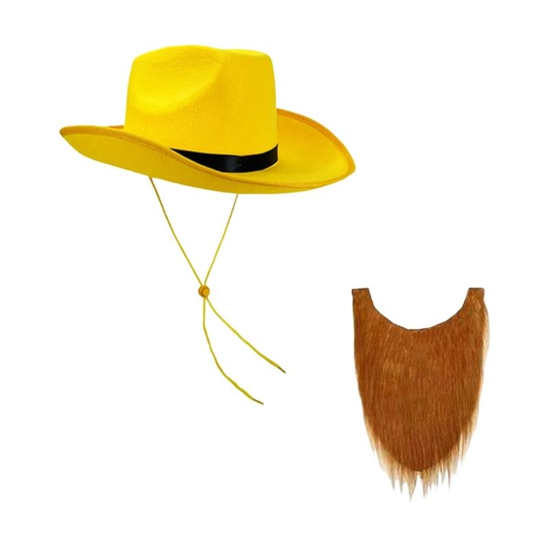 Cowboy Hat Yellow Trim Black Ribbon Band Western Hat Mustache Set Cowboy Cosplay Accessories For Men Halloween Role Play