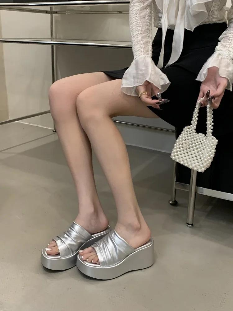 Fashion Eilyken Summer Open Toe Platform Wedges Slippers Women Designer Pleated Thick Bottom Heels Slide Ladies Shoes Zapatos De Mujer