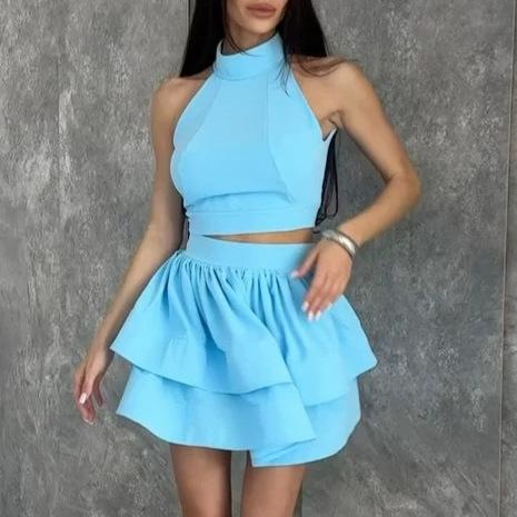 Vêtements pour femmes européens et américains nouveau col montant sans manches moulant court haut taille haute jupe courte à volants ensemble