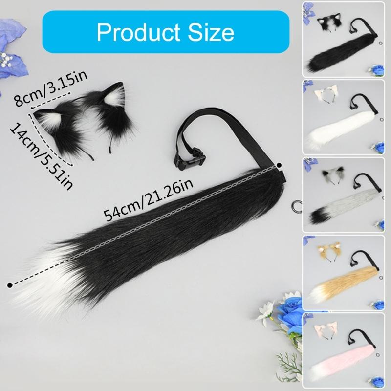 Lovely Plush Tail Animal Tail Cats Ears Headband Foxes Tail Adjustable Belt for Halloween Christmas Carnivals Party