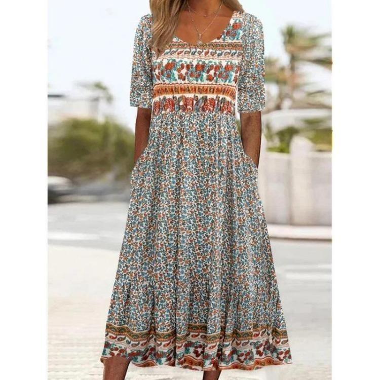 Cool Summer Dress for Women Bohemian Print Retro Round Neck Short Sleeve Long Skirt