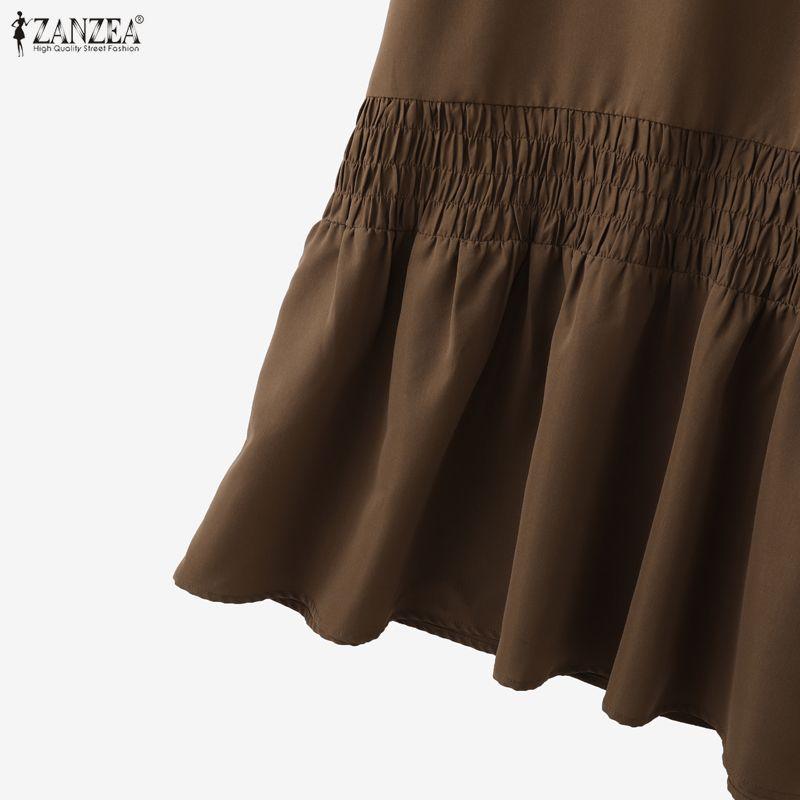 ZANZEA Women Casual Turn Down Collar Solid Color 3/4 Sleeve Loose Dress