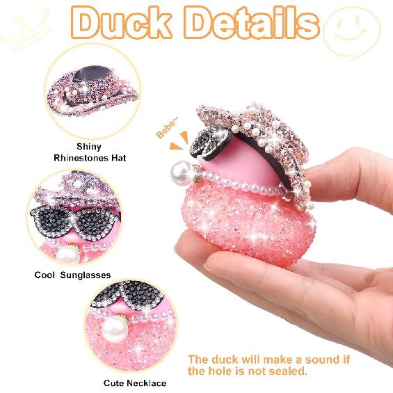 Rhinestones Rubber Duck Car Ornaments, 2Pcs Funny Diamond Ducks Car Dashboard Decorations Duck Accessories with Mini Shiny Cowboy Hat Necklace and