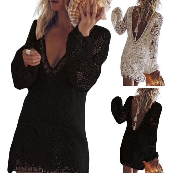 Γυναικείο εξοχικό φόρεμα σε σχήμα V με πλάτη με κούφια εξώπλατη κάλυψη με φαρδιά μακρυμάνικη φούντα Γυναικείο μίνι γιορτινό φόρεμα με λαιμόκοψη V