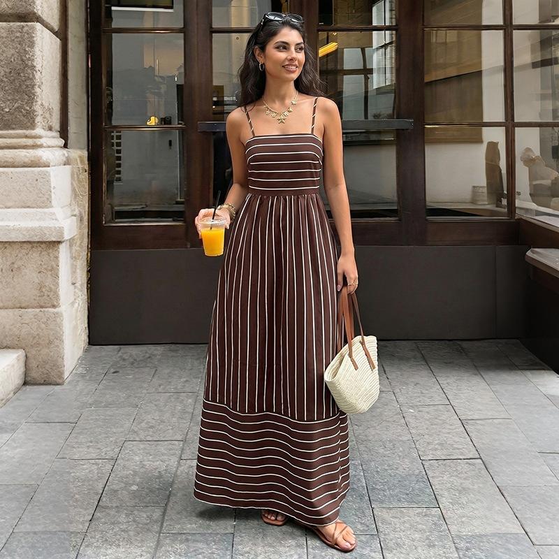 Women Striped Backless High Waist Suspender Maxi Casual Vacation Dress