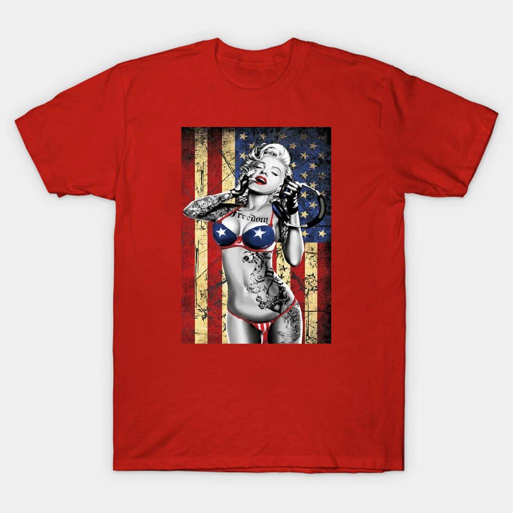 Freedom US Flag DJ Music Gangsta Sexy Tattoos Marilyn Monroe T-Shirt. Summer Cotton Short Sleeve O-Neck Mens T Shirt New S-3XL