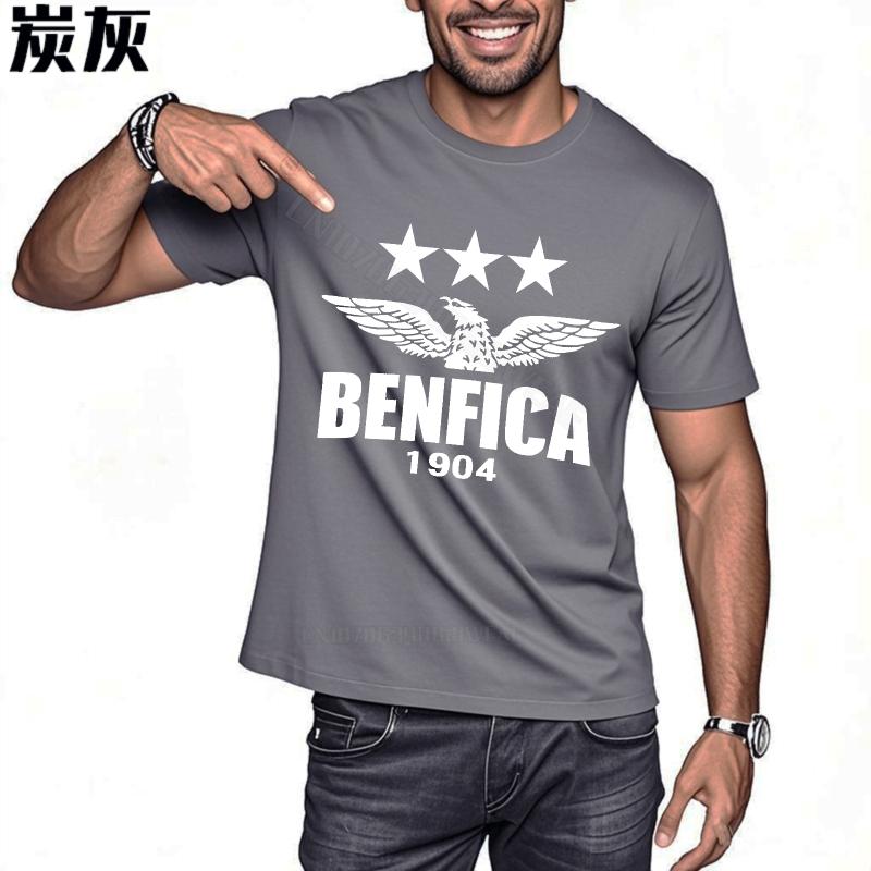 T Shirt Men Soft Workout T-shirt Benfica Logo With Stars Crew Neck Solid Color Tshirt Minimalist Cotton Breathable Tee
