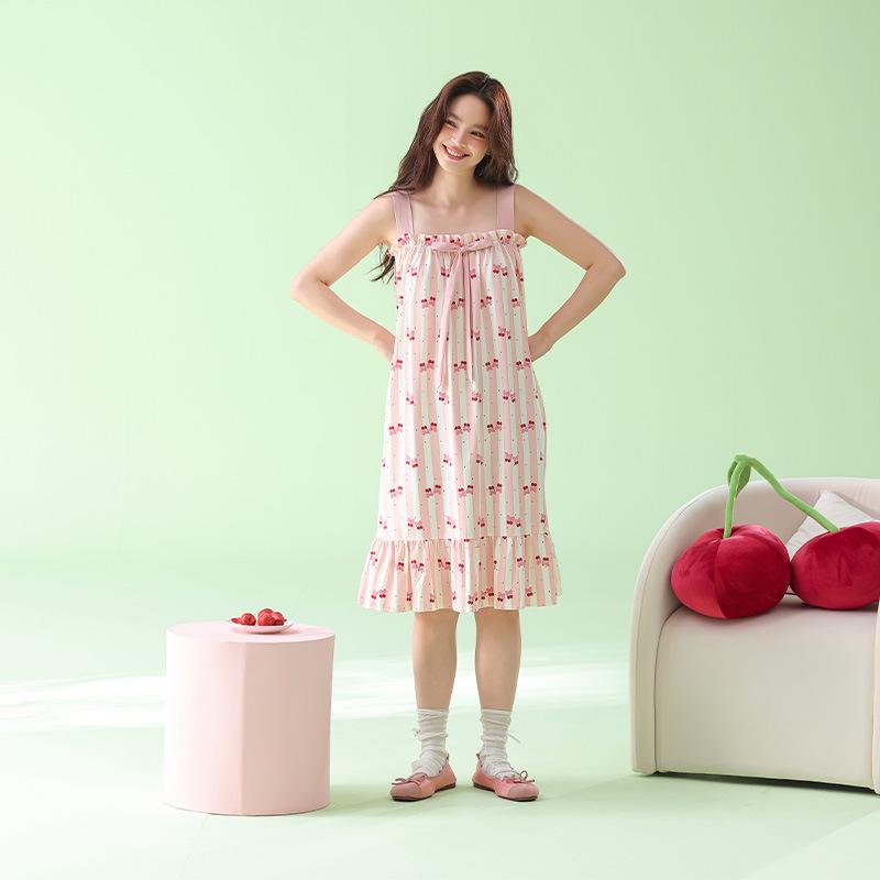 Super Soft Pink Cherry Bow Print Sleeveless Cotton Modal Camisole Nightgown M
