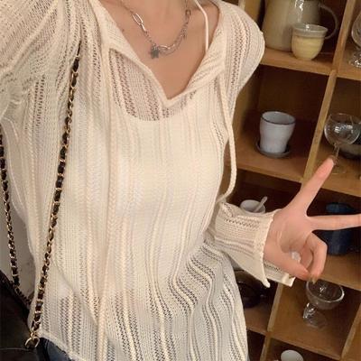 Pure Desire Style Spicy Girl Simple Long Sleeve V-neck Thin Strap Hollow Sunscreen Cover Sweater Knitted T-shirt Top Female