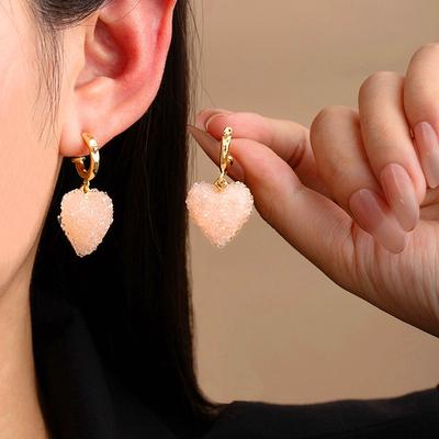 Full Diamond Crystal Love Pendant Earrings Pink Love Earrings Sweet And Gentle Ear Hanging Light Luxury Fashion Earrings