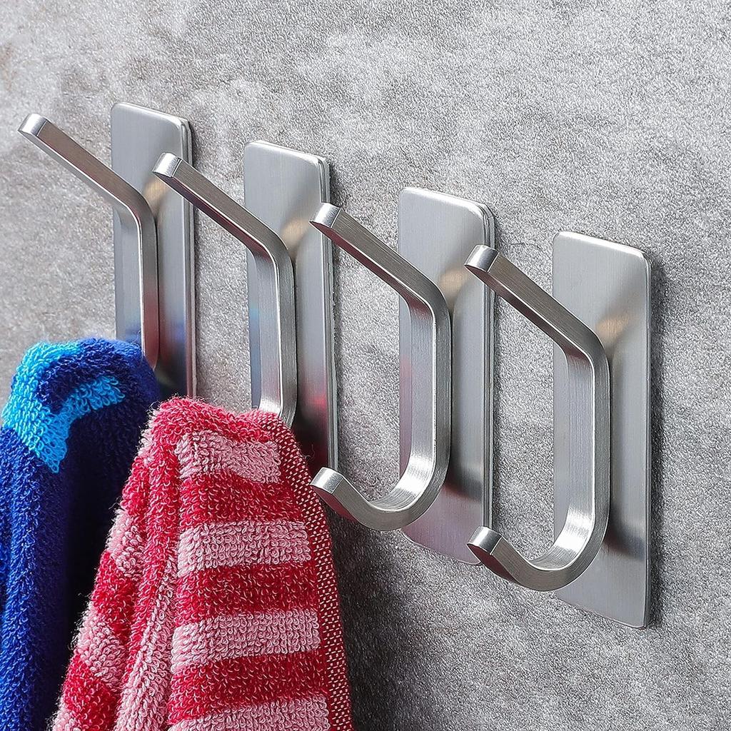 Adhesive Towel Hooks, Stainless Steel, Heavy Duty, 4-Pack