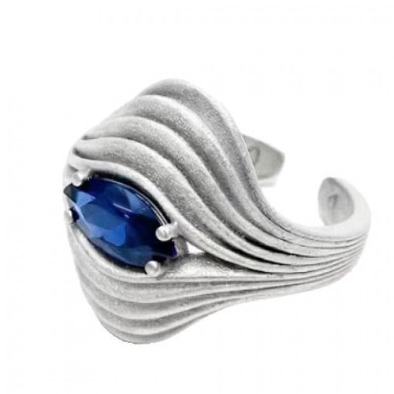 Adjustable Open Ring With Nebula Eye Motif Blue Zircon Geometric Wave Unisex Vintage Statement