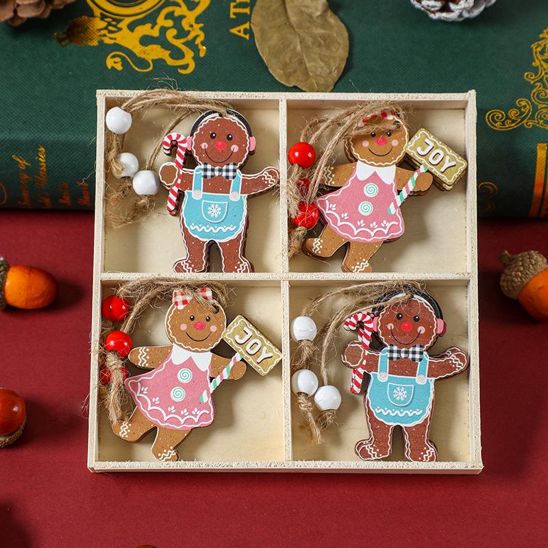 12 Colorful Gingerbread Man Pendants in Wooden Box - New Christmas Tree Ornaments