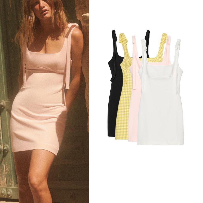 Summer Women's Clothing French Style Patchwork Lined Straight Collar Bowknot Decoration Shoulder Strap Small Plaid Dress 2180305