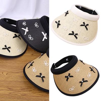 Woman Wide Brims Empty Top Hat Summer Outdoor Visor Hat Adjust Head Size Sun Hat with Bowknot Decals for Camping