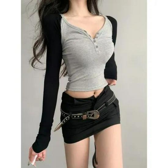 

Women s Trendy Slim-Fit Color-Block V-Neck Button-Down Long-Sleeve Top for Spring & Autumn Yoga, Fitness, Tea Ceremony Style Large