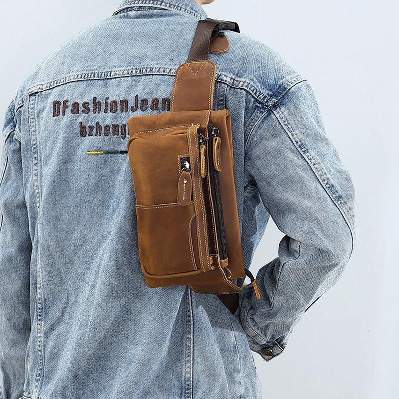 New Chest Bag, Retro Men's Bag, Leather Waist Bag, Outdoor Sports Small Bag, Cowhide Shoulder Bag, Motorcycle Bag, Multifunctional