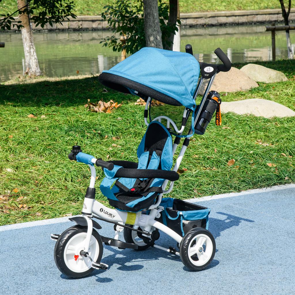 6-in-1 Children's Tricycle, Canopy, 5-Point Harness, Footrests, Brake, 1-5 Years, Blue