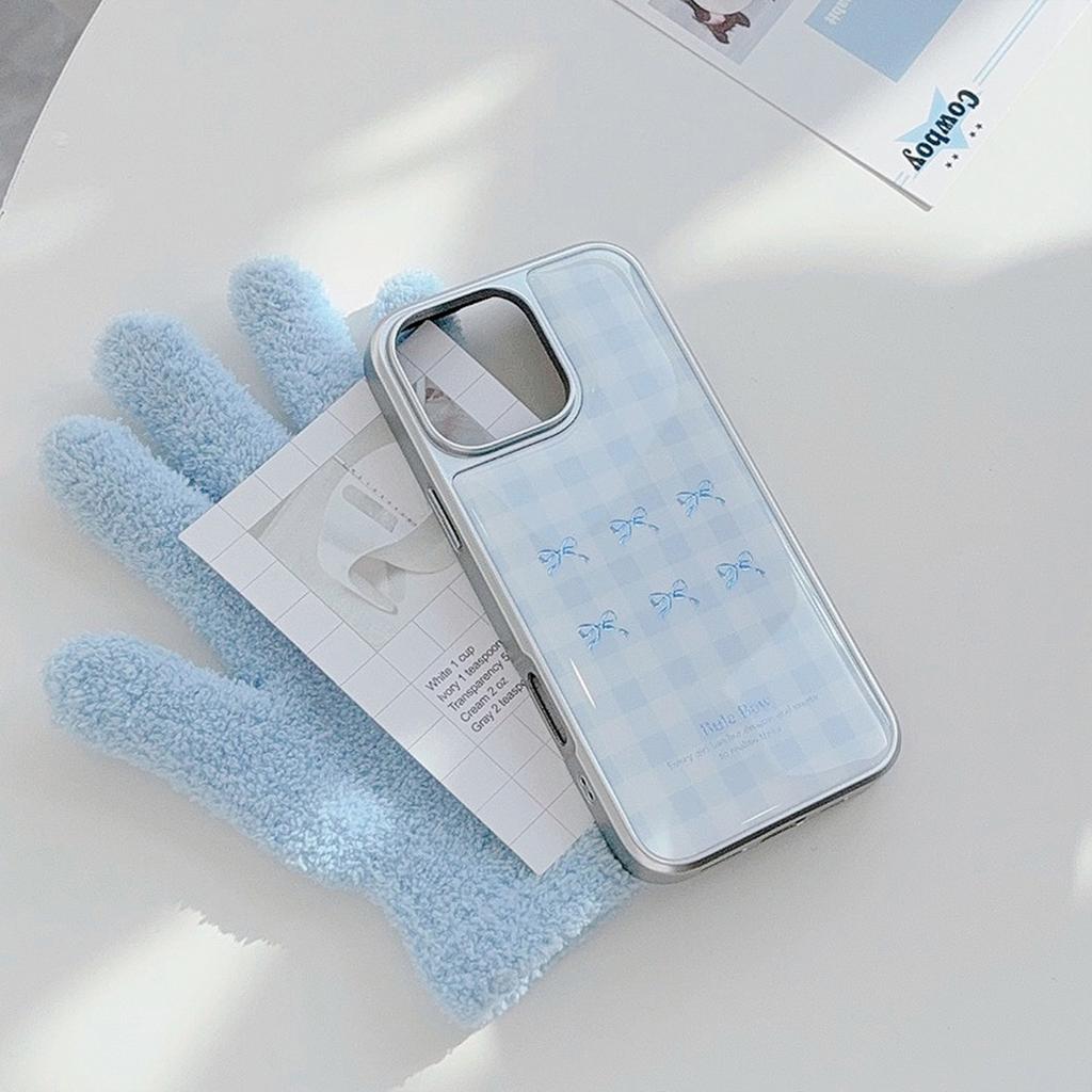 Gilded iPhone 16 phone case 17 Pro Max blue checkered pattern 14 electroplated 13 resin-coated 15 suitable for Apple/Huawei