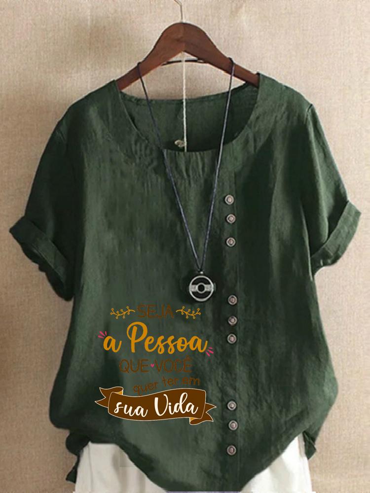 Women's Fashion Letter Print Round Neck Short Sleeve T-shirt Casual Cotton Linen Graphic Shirt Leisure Loose Summer Blouse Tops