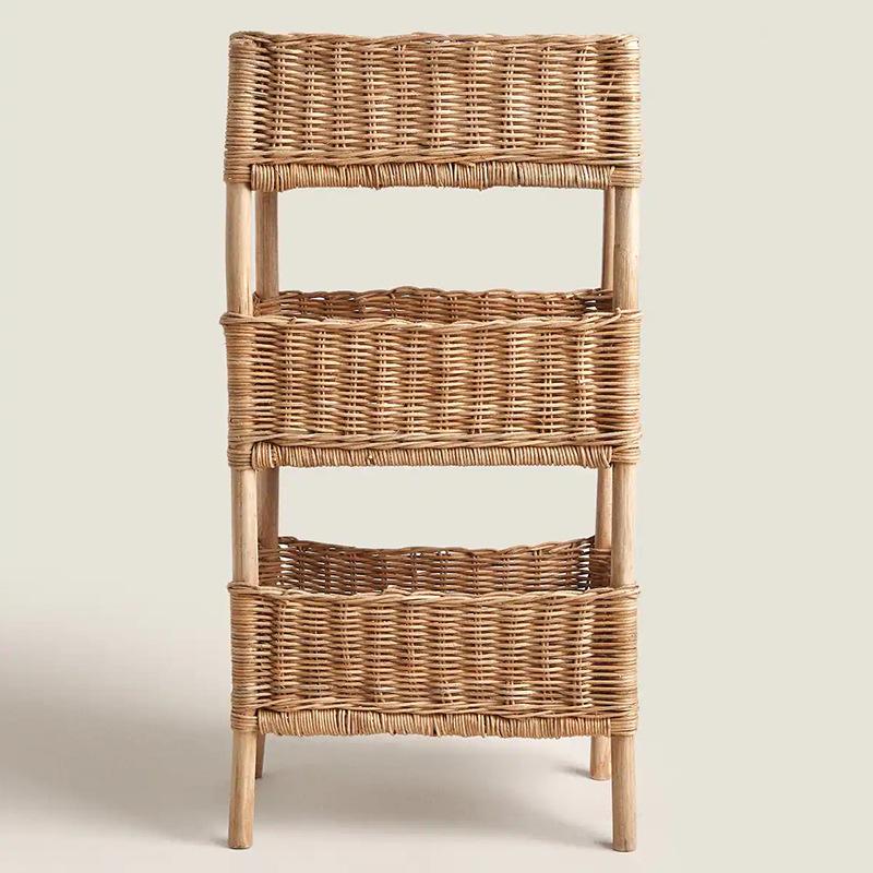 Floor Rattan Woven Storage Shelves Toy Debris Shelving Hand-Woven Solid Wood Multilayer Storage Baskets