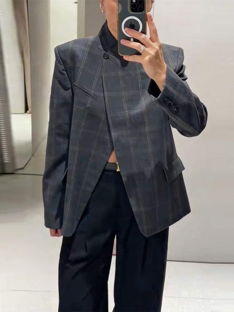 2026 Spring Korean Style Plaid Stand Collar Blazer
