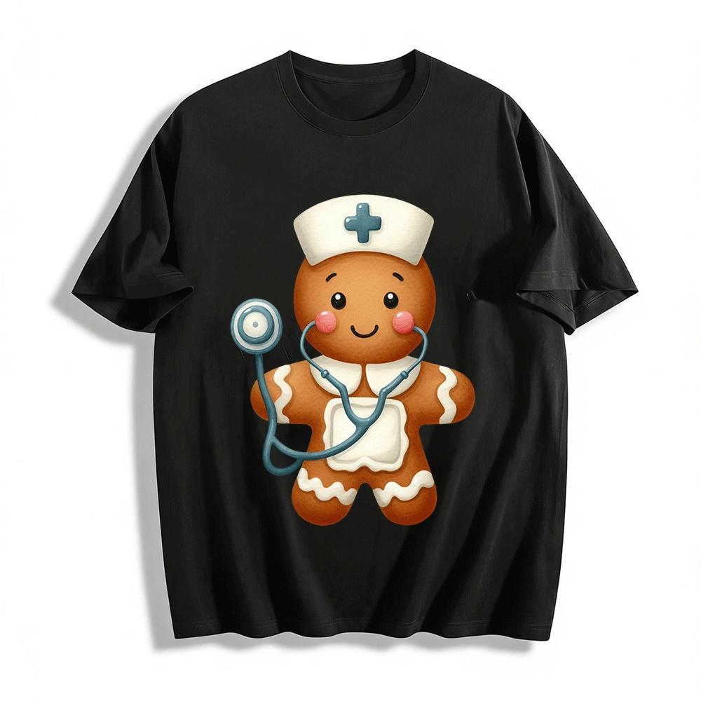 Christmas Gingerbread Nurse Print Casual Top Pure cotton T-shirt XXS