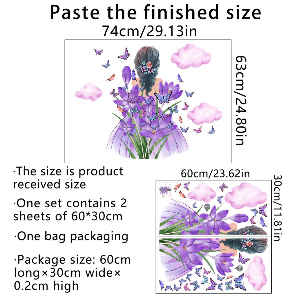 Mädchen Schmetterling Blume Wolken Selbstklebende Wandaufkleber für Zimmer Dekoration Schlafzimmer Aufkleber
