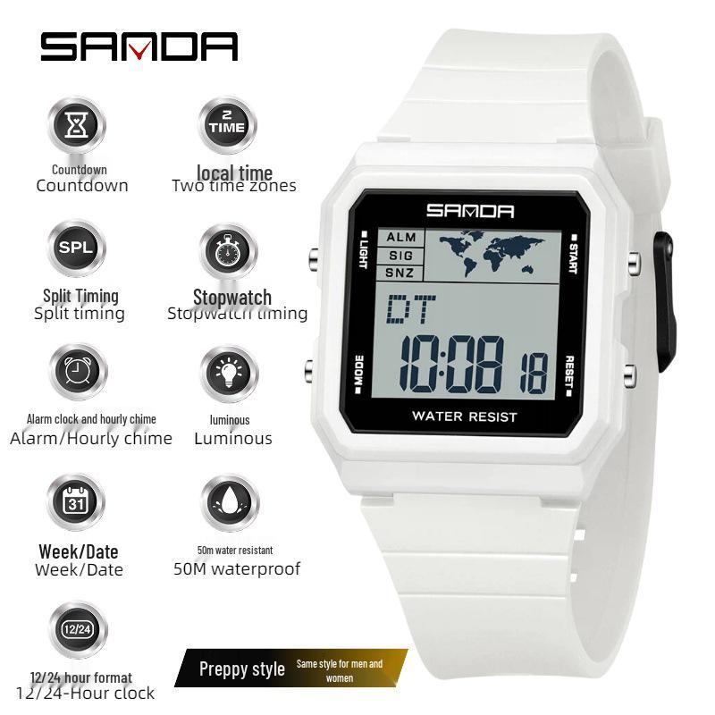 Sanda Student Waterproof Multifunctional Luminous Sports Watch with Large Square Screen