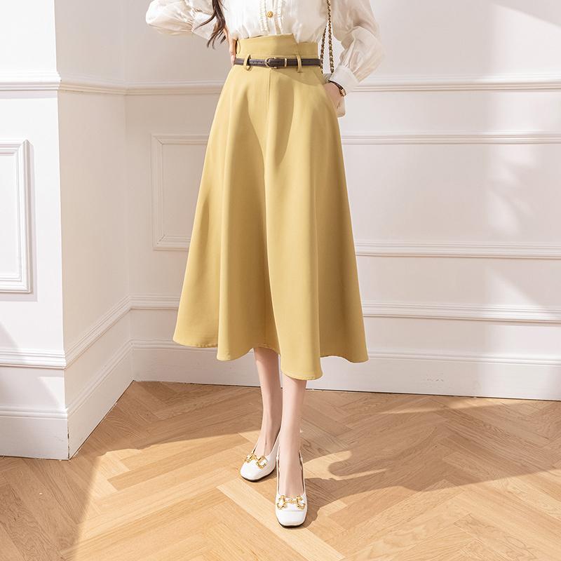 Elegant High Waist A Line Skirt Women Midi Flared Skirt Office Long Skirts Slim
