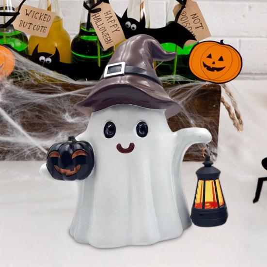 Solar Cute Ghost Statue Halloween Desktop Ornament Weather-Resistant Handmade Resin Pumpkin Ghost Figure with Light