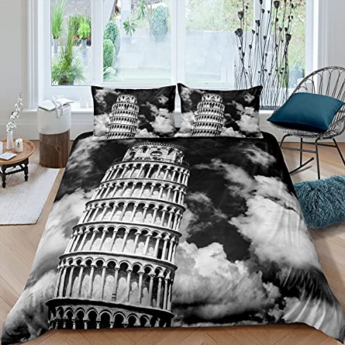 Leaning Tower of Pisa Duvet Cover Paris Tower Bedding Set Blue Sky Comforter Cover Vintage Tower with 2 Pillowcases 3Pcs Bedding